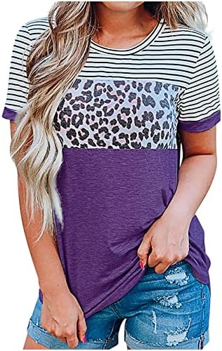 Амикадом брод вратот Спандекс маица за дами кратки ракави во боја блок од леопард печати шарени блузи маици тинејџерска девојка 2023