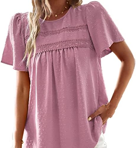 Маици за жени летни кратки ракави блуза цврста боја чипка крпеница лабава обична тркалезна пулверска маица маица врвови