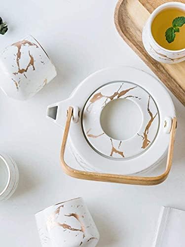 Lianxiao - Рачно изработено керамички чајник сет 6 парчиња јапонски саки чај чај сет мермерни котли со дрвени ленти -бели