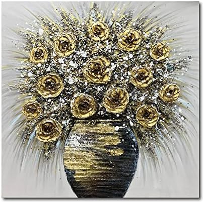 Епилер уметност 24х24 инчи 3Д рачно насликани златни цвеќиња Апстракт декоративно масло сликарство, современа апстрактна уметност цветна слика
