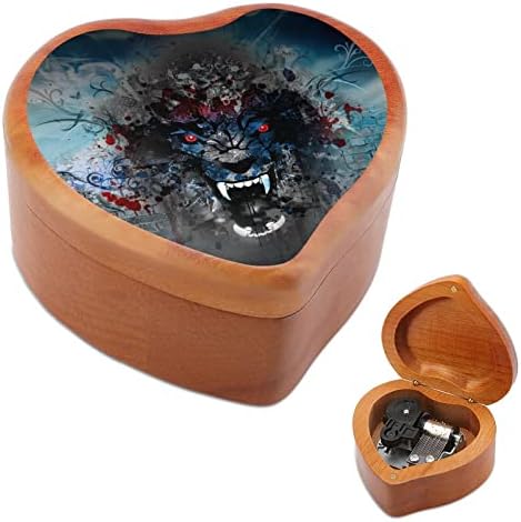 Лута волк Фламинг глава гроздобер дрвен часовник музички кутија во форма на срцева кутија подароци за семејни пријатели на lубовници