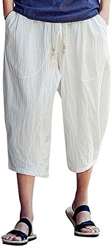 Hoksml харем панталони за мажи памук и постелнина еластична лента за половината цврста боја исечена панталона со лесни меки пакувања