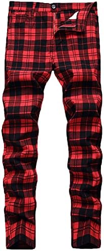 Панталони за мажи случајни карирани печатени панталони висока еластичност плус тенок фитинг панталони со целосна должина панталони