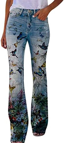 Женски обични лабави цветни панталони со цвеќиња со високи половини микро-разгорени фармерки права панталони со тексас на нозе долго печатење