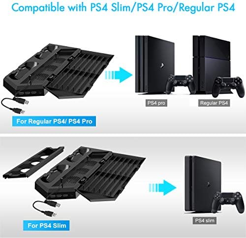 Kootek Вертикален Држач ЗА PS4 Слим / Pro / Редовна Playstation 4, Станица За Полнење На Контролорот Со Складирање На Играта На Вентилаторот За Ладење И USB Порти СО Индикатор За Д?