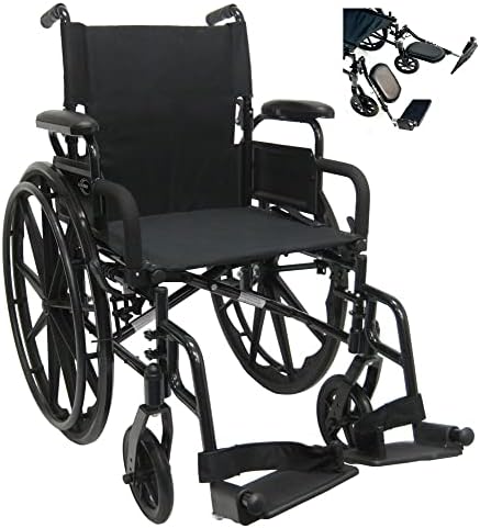 Карман Здравство 802-АЛУМИНИУМСКА Лесна Инвалидска Количка со Превртени Потпирачи за Раце Со Подигнати Потпирачи За Нозе, Црна, Ширина На