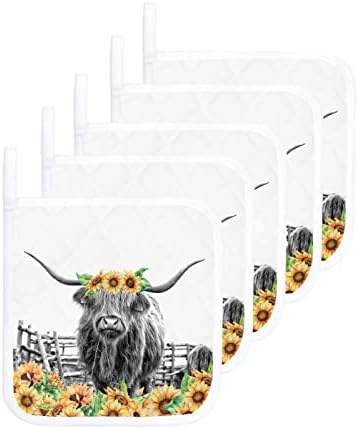Сет на држачи за тенџере од 5, шкотски висорамнински крави пролетни сончогледи за кујнски топлински влошки, топли влошки за топлина, фарма на говеда,