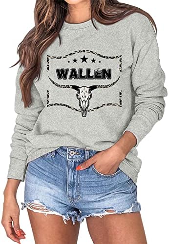 Kcjgikpok wallen sweetshirt за жени добиток Глава графички пуловер случајна лабава земја музика западни кошули долги ракави врвови