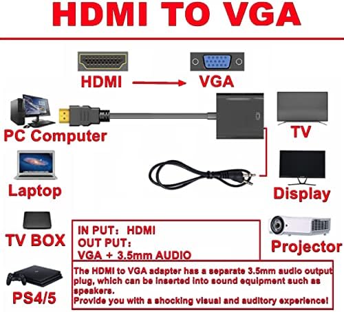 HDMI до VGA адаптер со 3,5 mm аудио кабел, HDMI до VGA адаптер машки до женски за монитор со лаптоп, компјутер, монитор, проектор, HDTV,