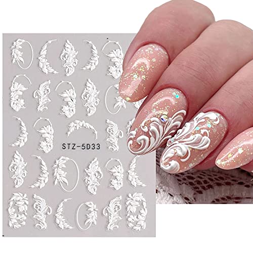5д налепници за уметност со бел цвет за нокти врежани цветни декорации за нокти, 6 листови Исклучителни цвеќиња Дизајн на налепници