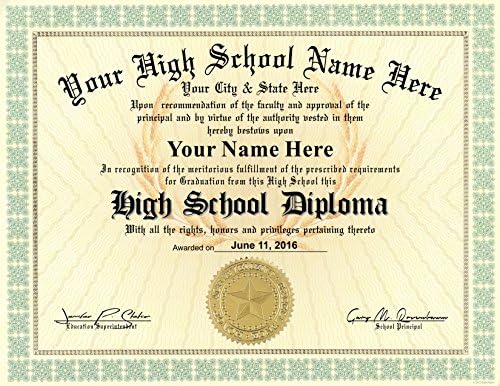 Средношколско диплома Обичај печатено со вашите информации - Премиум квалитет - 8,5 на 11 инчи