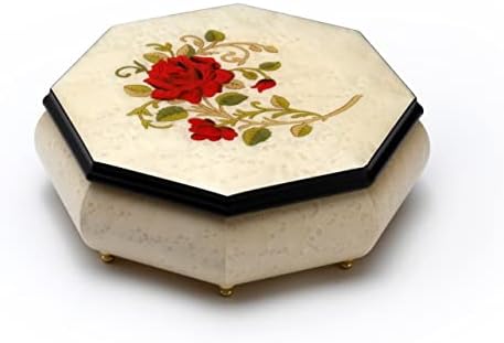 Октагонална дамка од слонова коска 30 белешка музичка кутија за накит со единечна црвена роза - пакет на оревчери