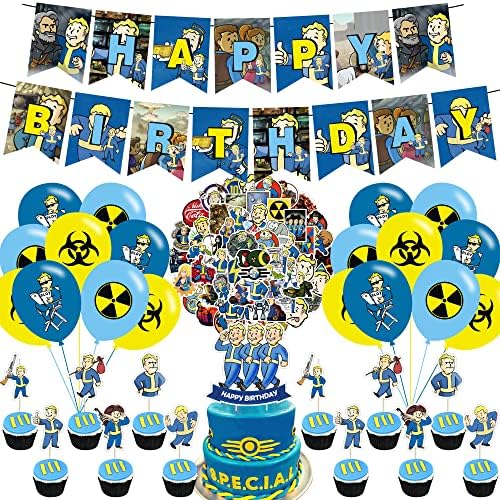 Koomee Fallout Игра Партија Материјали, опстанок тема игри Роденден Декорација вклучени Банер, Латекс Балон, Торта Врвот, Cupcake Toppers, 50pcs