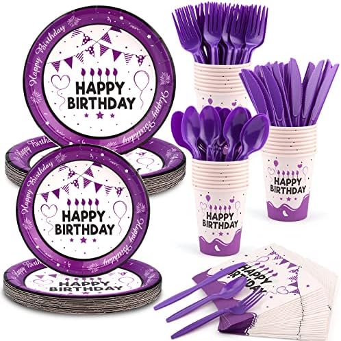 Виолетова забава за украси за забави Среќни роденденски чинии и салфетки Поставете роденденски украси за жени жени