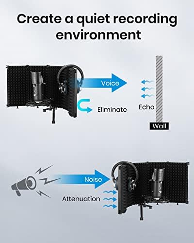 Moukey микрофон изолациски штит, преклопен микрофон со троен звук, филтер за рефлексија со 3/8 и 5/8 MIC навојна монтажа за снимање студио,