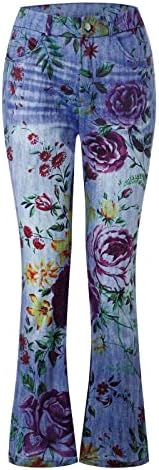 Гуаја женски панталони со високи половини со панталони со широки нозе, модни цветни цвеќиња, печатени долги фармерки со џеб