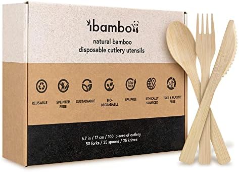 Прибор За Природен Бамбус ибамбо 100 Комплет Биоразградлив Прибор За Јадење, Прибор За Јадење Од Бамбус За Повеќекратна употреба Или