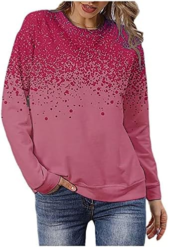 Womenените тркалезни џемпери за џемпери на блуза за блузи, градиент мастило за печатење со долги ракави лабави обични кошули