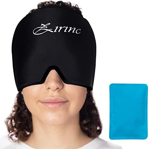 Зиринк главоболка Капа за олеснување на мигрена, капаче за мраз на мраз, форма, вклопување во топла и ладна терапија маска за мраз за стрес,