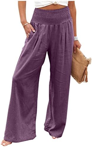 Постелни панталони за постелнина за жени летни обични пукани пантацо панталони лабави се вклопуваат широки панталони со панталони со џебови