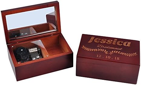 Awerise Персонализирана кафеава дрвена музичка кутија со огледало, сопствена кутија за деверуша, кутија за дрво, кутија за накит, подарок