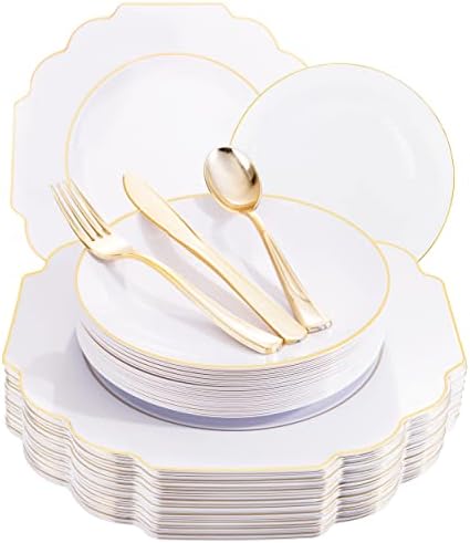 Суперски 150 парчиња златен пластичен сад за вечера вклучува бели и златни пластични плочи со квадратни плочи плочи златни бели пластични