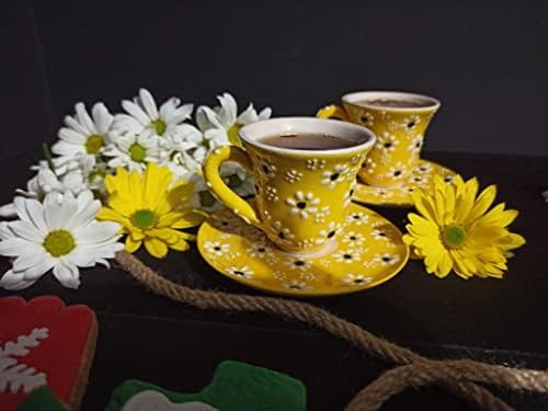 Daisy Design Рачно изработени чаши за керамички кафе со чинии - сет од 2 - турски арапски грчки марокански ерменски декоративен сервис еспресо