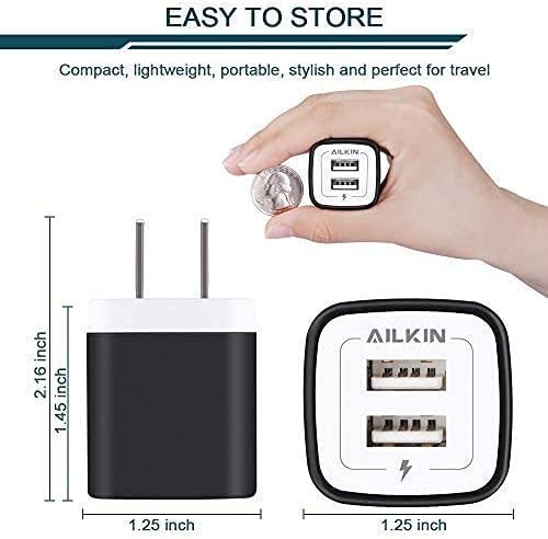 Ailkin [5-Pack] 5V/2.1AMP Dual-Port USB wallид полнач и брз долг андроид USB C Телефонски полнач за напојување плетенка со кабел