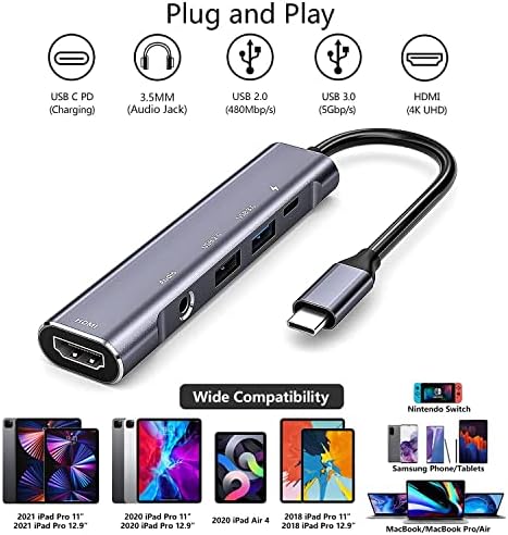 USB C Dock Hub За Samsung DeX, 5-во-1multipt Адаптер За Galaxy S22/S21/S20 FE/TabS7/Note20/Note10/S7+/Nintendo Switch/iPad Pro Адаптер СО 4K