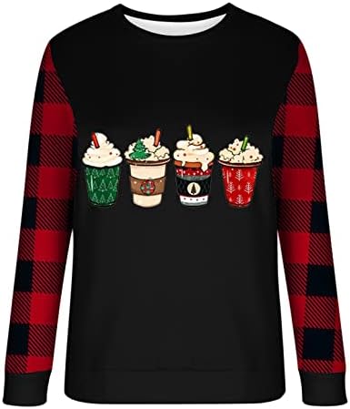 Божиќна чаша кафе, карирани дуксери, џемпери женски обични пад на долги ракави, копче за џемпери надолу по горната лесна категорија