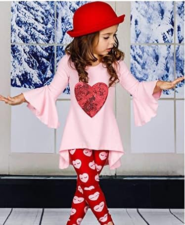 Облека за детско девојче Денот на в Valentубените на Денот на в Valentубените Облекани ракави фустани за фустан со срцеви печатени панталони