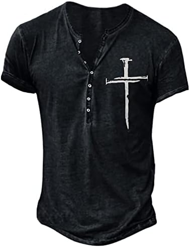 Кошули за мажи моден крст графички печатени маици со кратки ракави ретро-случајно копче на отворено надолу