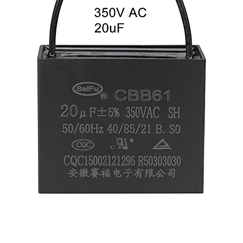 Кондензатор на вентилаторот на таванот UXCELL CBB61 20UF 350V AC 2 жици метализирани полипропиленски филмови кондензатор 58x48x30mm