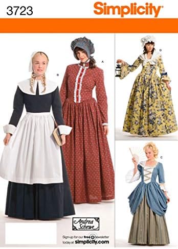 Едноставност историски фустани за шиење костуми за шиење на жени од Андреа Шеве, големини 14-16-18-20-22