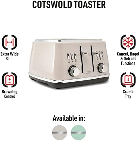 Хаден 75102 Cotswold 4-парчиња, широк слот ретро тостер со контрола на кафеава боја, откажување и одмрзнување на поставките, кит