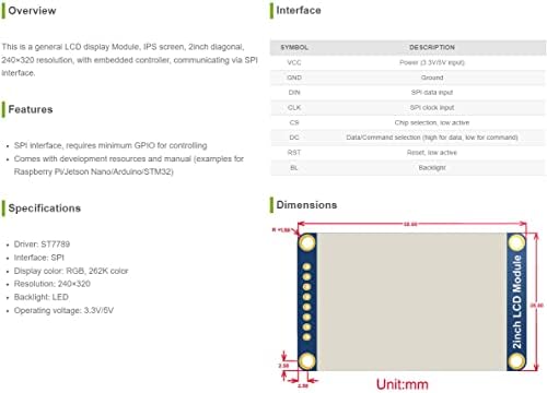Waveshare 2inch LCD Display Module IPS екран 240 × 320 Резолуција со вграден контролер комуницирање преку интерфејс SPI.