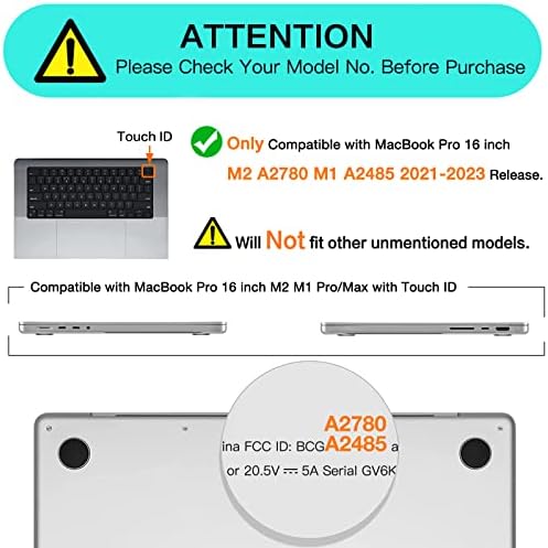Mosiso компатибилен со MacBook Pro 16 Inch Case 2023 2022 2021 Објавување M2 A2780 A2485 M1 Pro/Max Chip со ID на допир, пластична