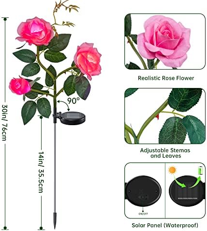 Hopolon отворено соларни цветни светла водоотпорни, 2 пакети декоративни соларни градинарски светла со 6 реални цвеќиња од роза, 7-бои кои се менуваат светла со соларна