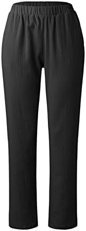 Памучни памучни постелнина, летни обични удобни широки нозе палацо јога каприс цврсти панталони во боја со џебови со џебови