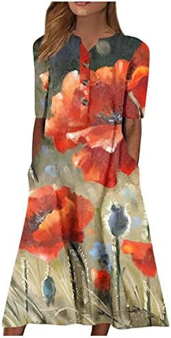 Ајазо летни фустани за жени 2023 Долг ракав против вратот макси фустан Ден на независност Ден на печатење џебови Обични фустани на плажа