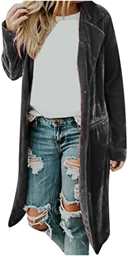 Lapенски скут на MZKDieyy Draped Velvet Maxi Duster Cardigan Отворен предниот ров палто цврста долга надворешна облека со џебови