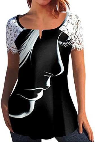 Женски чипка кратки ракави Туника врвови Елегантно печатење долга маица шарена печатена маичка V вратот блуза за работа за работа