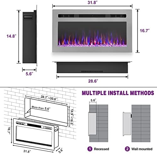 Електричен камин на ооиор 31 инчи, вдлабнато и прицврстување на wallидот со далечински управувач, ултра-тенки грејач на камин и линеарно