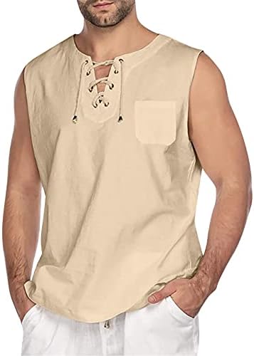 Венкомг1 машка ленена резервоарот Топ обичен рамнички без ракави со лежење на редовната маица за вклопување