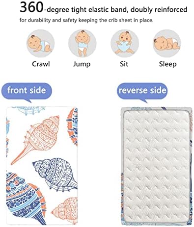 Seashell тематски опремени мини чаршафи за креветчиња, преносни мини креветчиња со меки и дише лежишта за постелнина за момчиња,