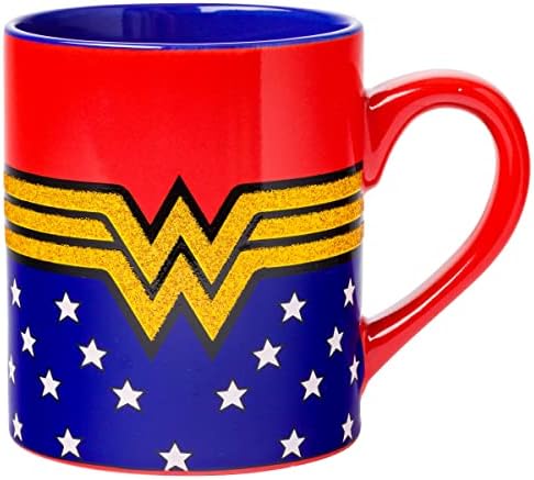 Сребрен Buffalo DC Comics Conder Wonder Woman Logo се завитка со starsвезди сјајни керамички кригла, 1 броење, сино, злато, црвено