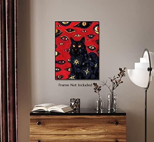 Црна мачка коен хипи психоделична ретро забава кул очи црни и црвени постери wallидни уметности мистерија животни слики печати уметнички