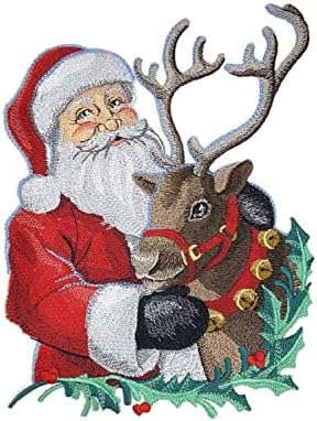 Надвор од видот, празнична Божиќна магија Санта и ирваси извезено железо на/шие лепенка [6,85 W x 8.73]