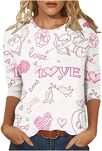 Смешни кошули за ден на в Valentубените, жени диско срце, печатење туниќ врвови, обични лабави летни врвови 3/4 ракави со екипаж