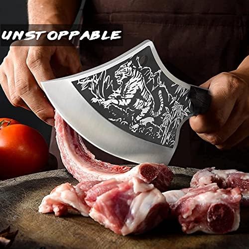 DRGSKL CAMPING CLEAVER NIFE Set - рачен фалсификуван тигар нож со кожна обвивка и месо за климари со кутија за подароци